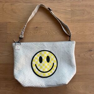 Iscream Tote Shoulder Bag Checkered Smiley Face Chevron Weekender Silver‎ Yellow